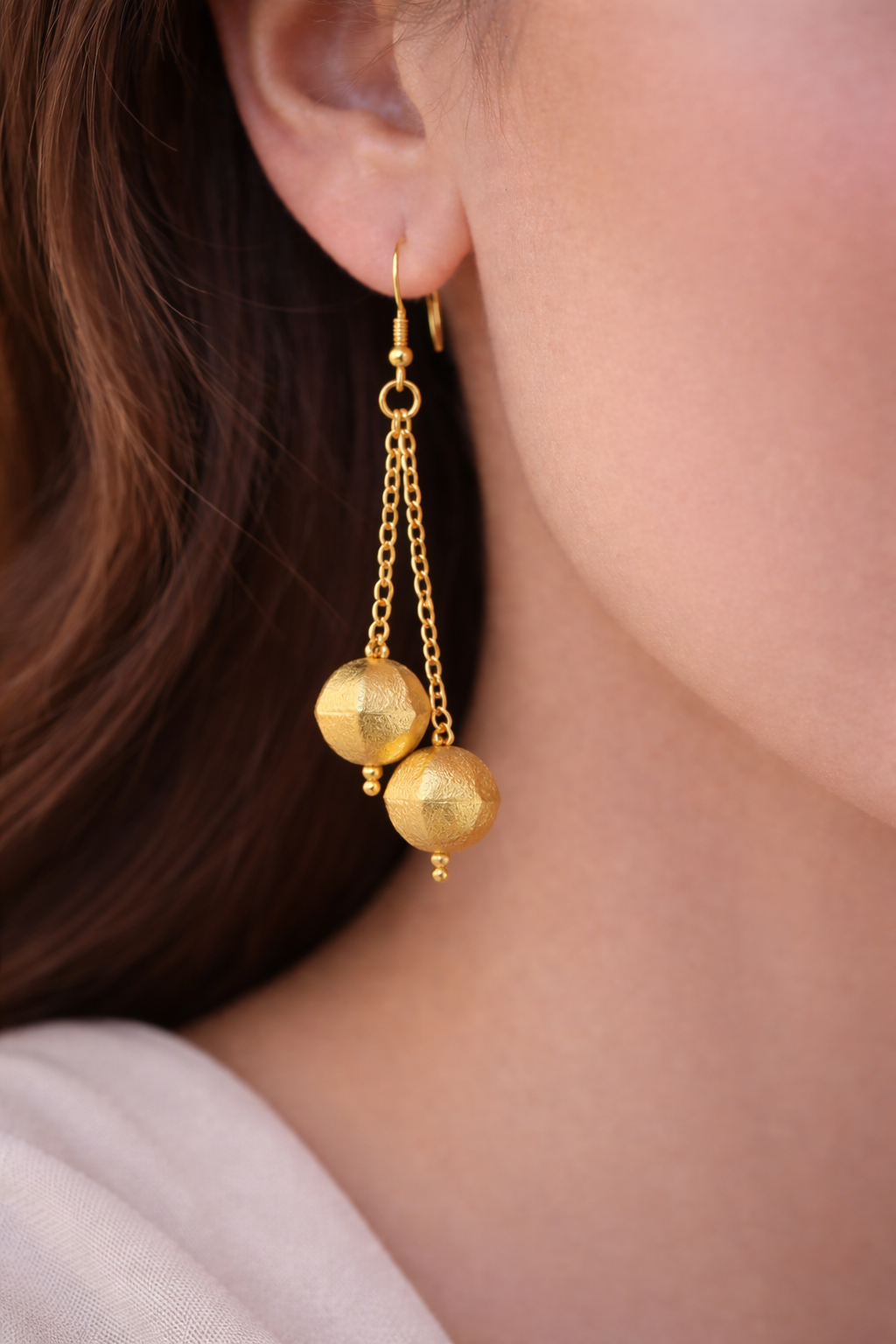 Gold Double Ball Drop Earrings