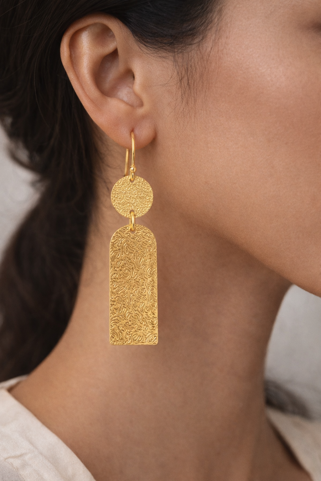 Textured Disc & Engraved Arch Gold Drop Earrings
