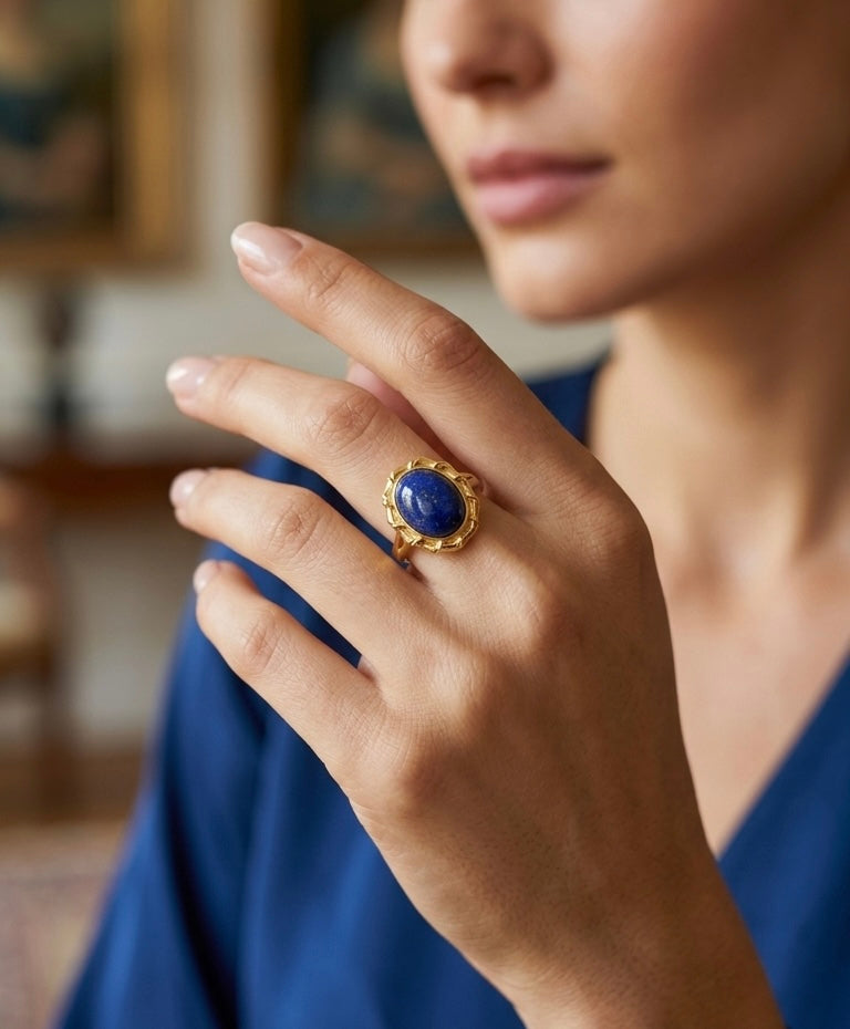 Lapis Lazuli Gold Ring, Oval Cabochon Statement Ring