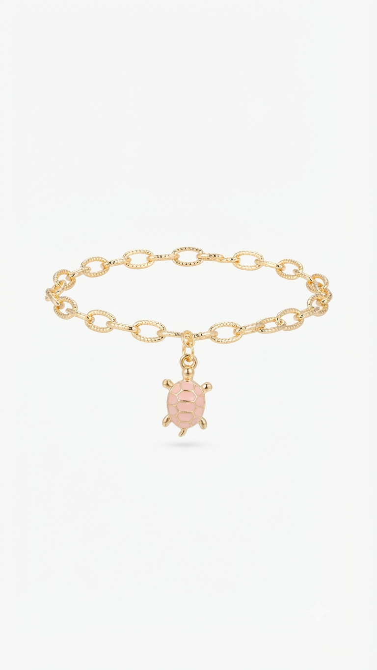 Pink Turtle Charm Bracelet, Gold Link Chain Bracelet