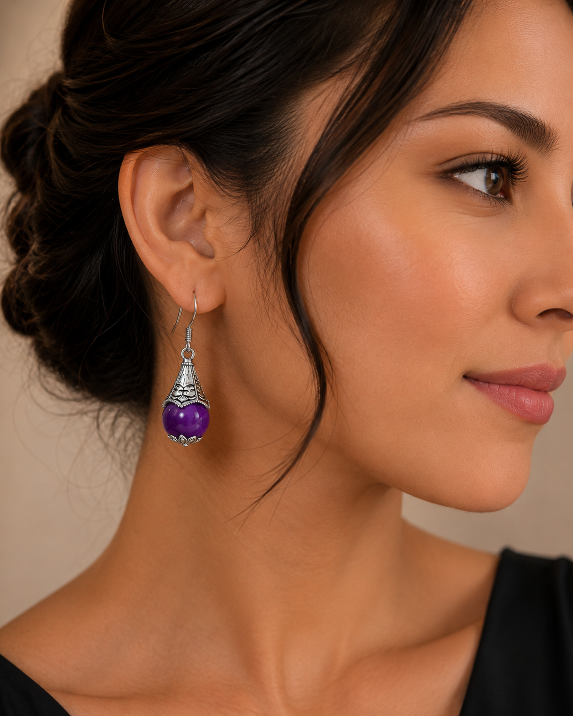 Vintage Purple Bead Silver-Tone Drop Earrings