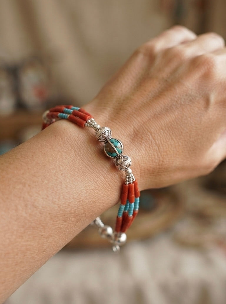 Handmade Tibetan Turquoise & Red Coral Beaded Bracelet