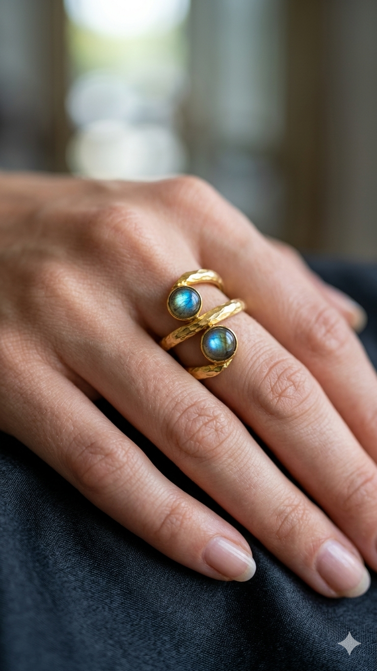 Labradorite Wrap Ring, Adjustable Gold Statement Ring