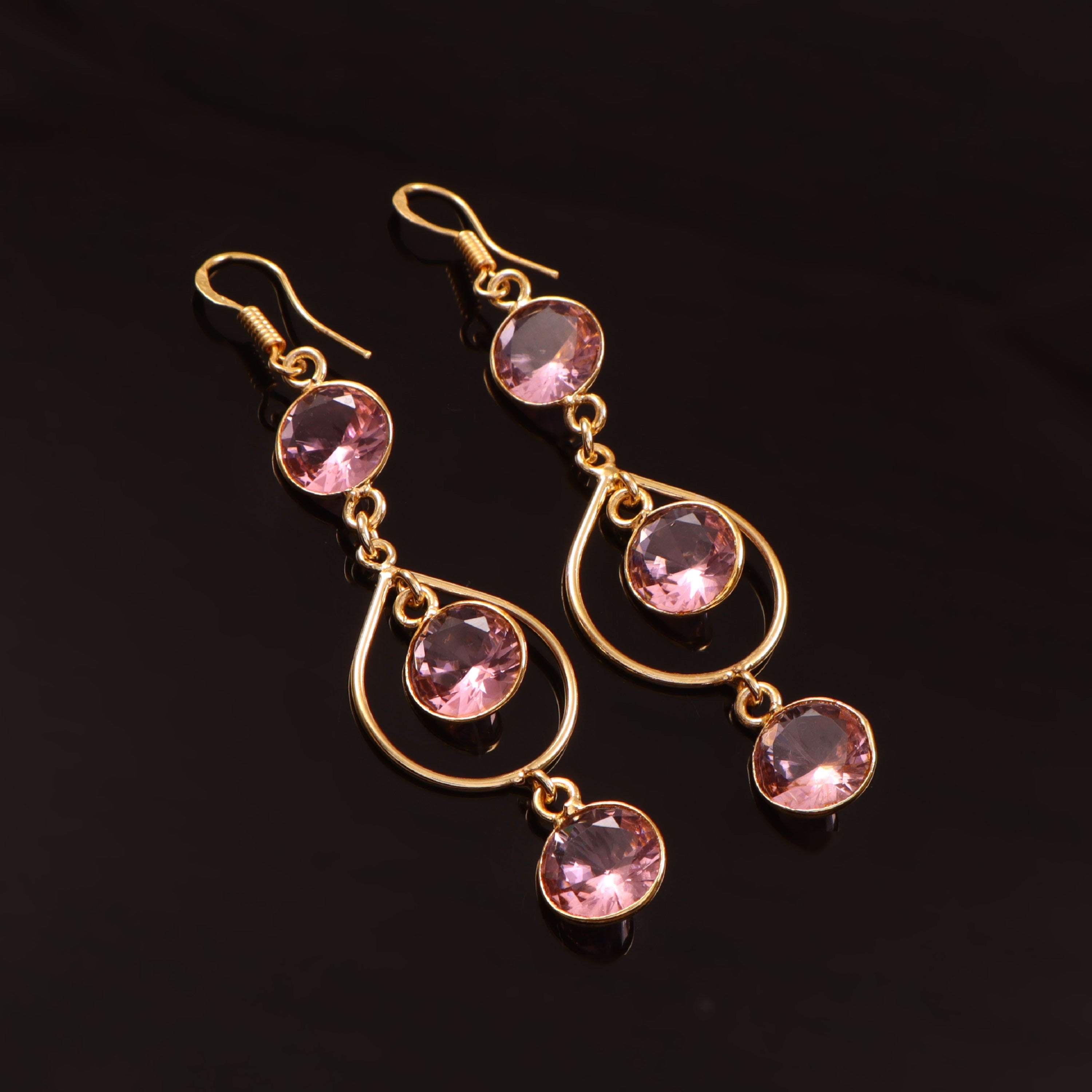 Gold Pink Crystal Teardrop Dangle Earrings
