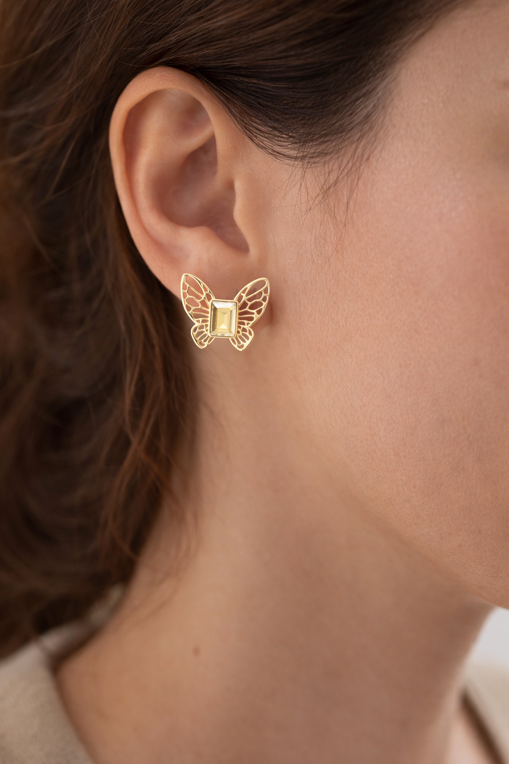 Butterfly Shape Stud Earrings Gold Crystal