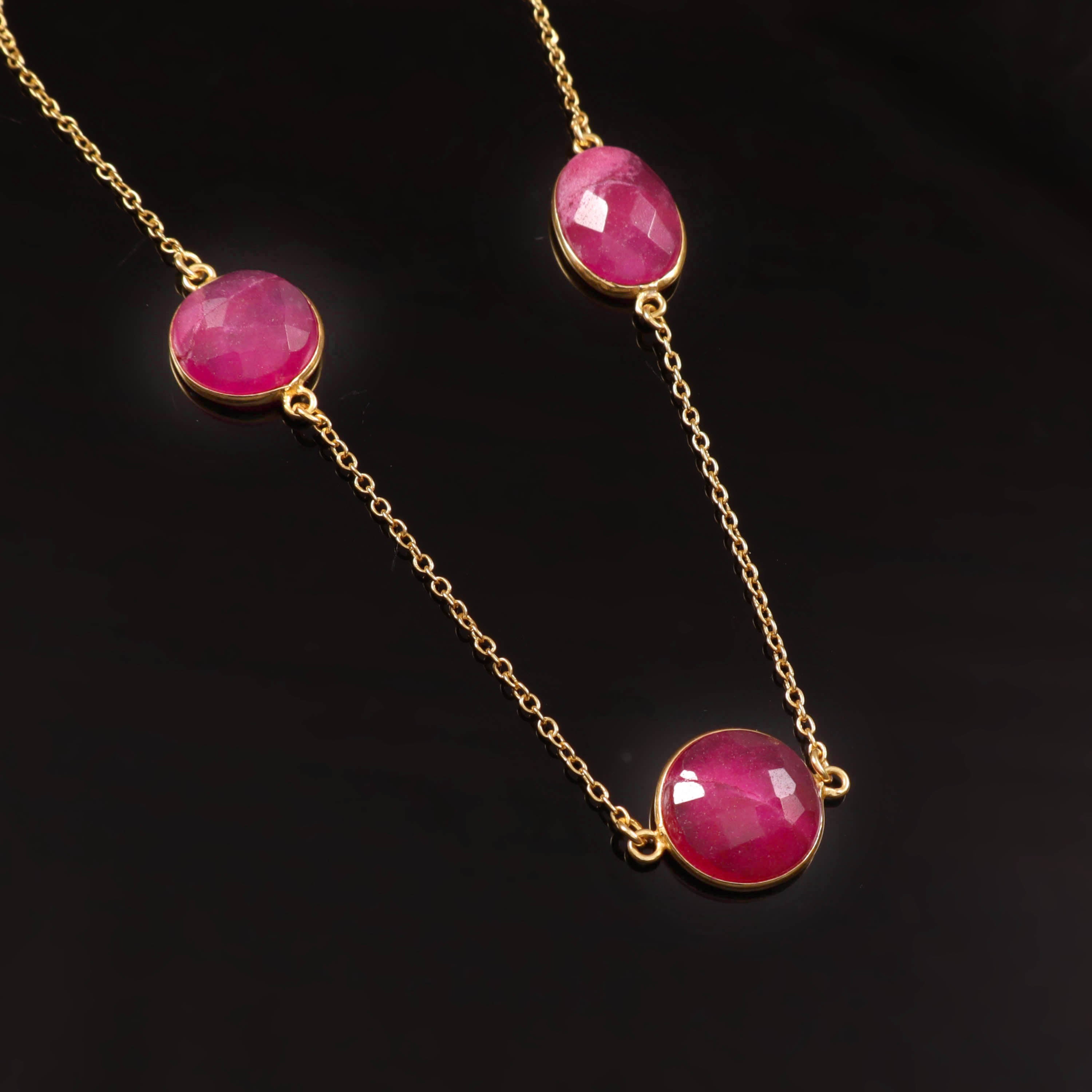 Pink Gemstone Gold Link Necklace