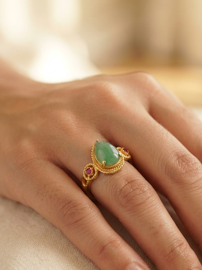 Green Aventurine & Ruby Pear Ring in 18K Gold Plated