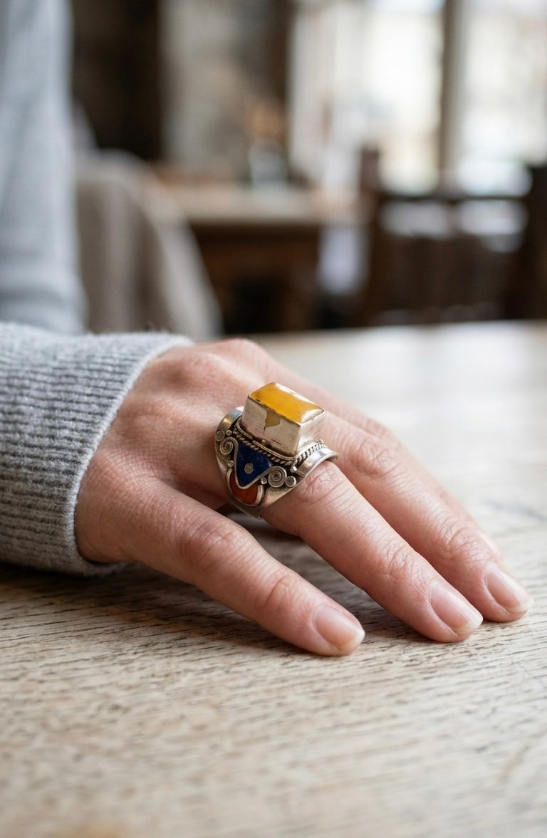 Vintage Yellow Jasper Ring, Rectangular Jasper Statement Ring