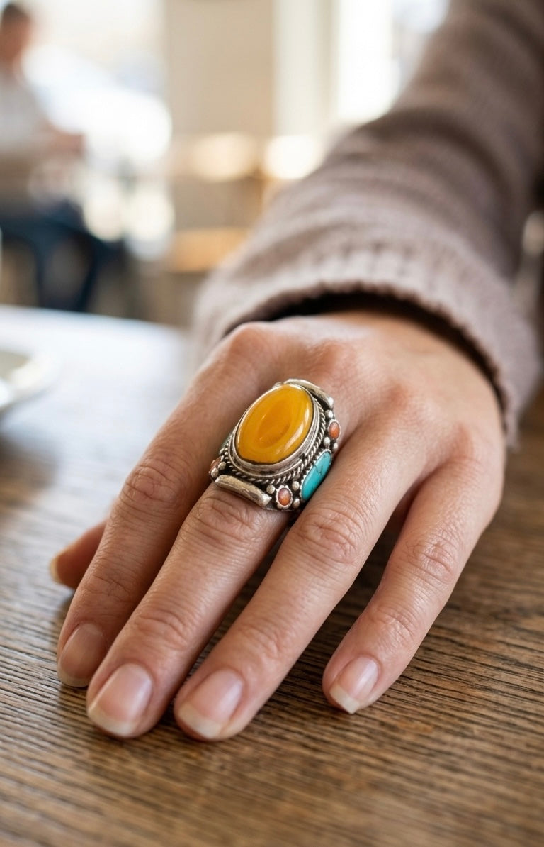 Vintage Yellow Jasper Statement Ring, Tribal Silver Ring