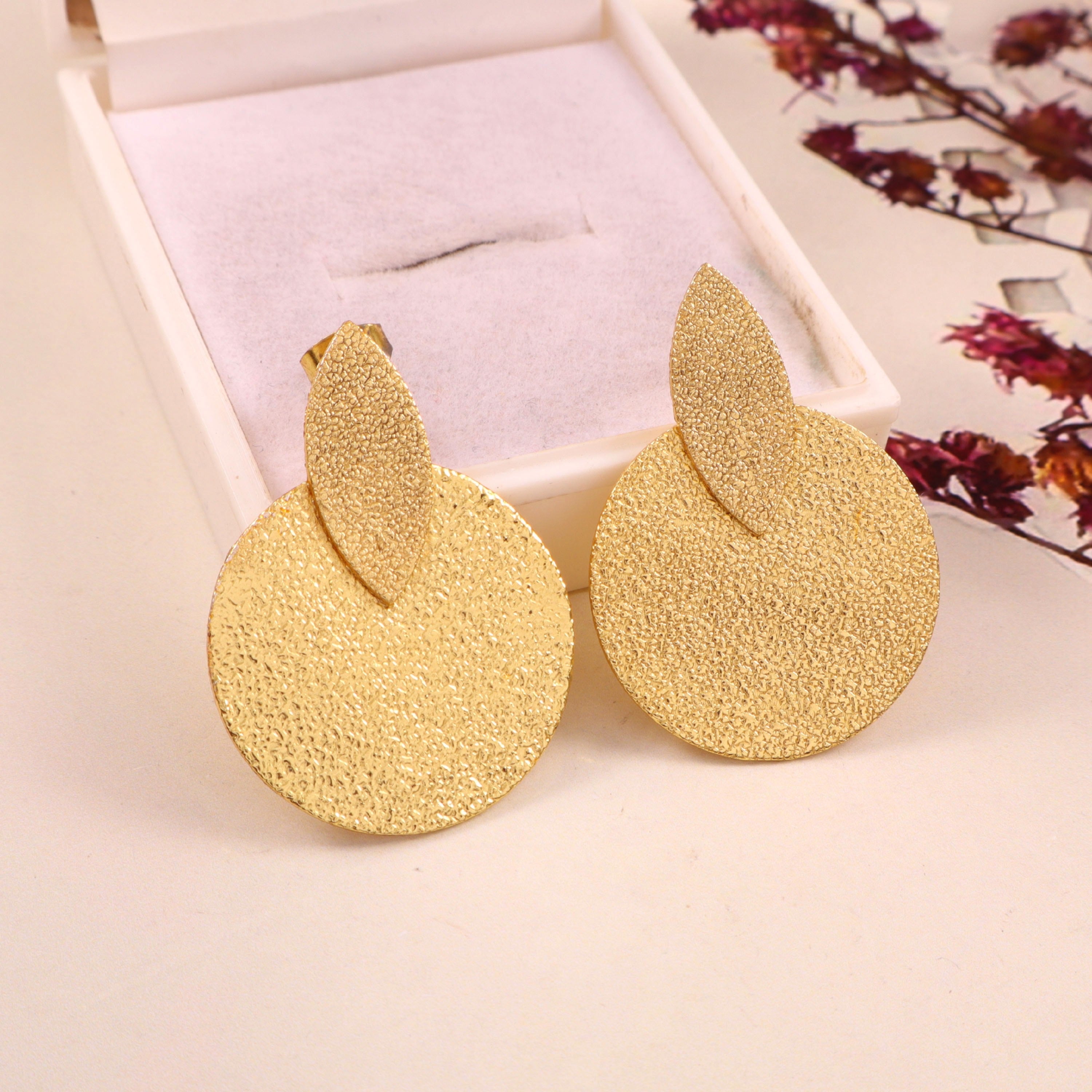 Elegant Textured Gold Disc Drop Earrings