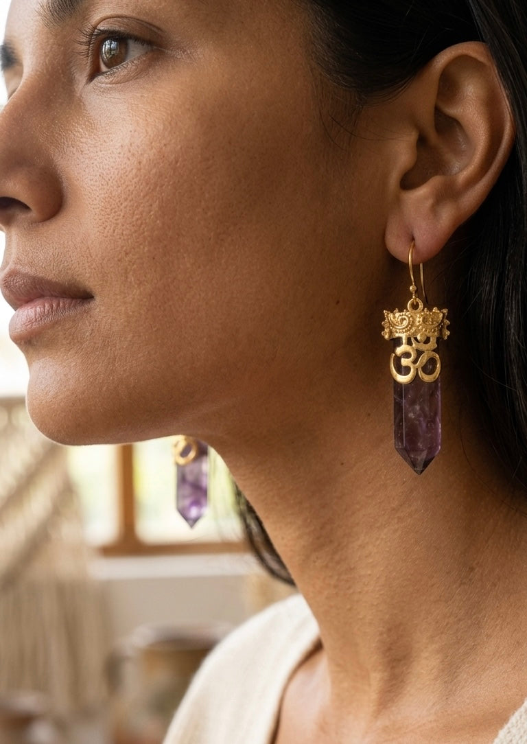 Amethyst Om Crystal Earrings
