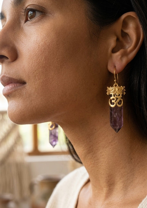 Amethyst Om Crystal Earrings