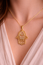 Gold Hamsa Hand Pendant Necklace with Evil Eye