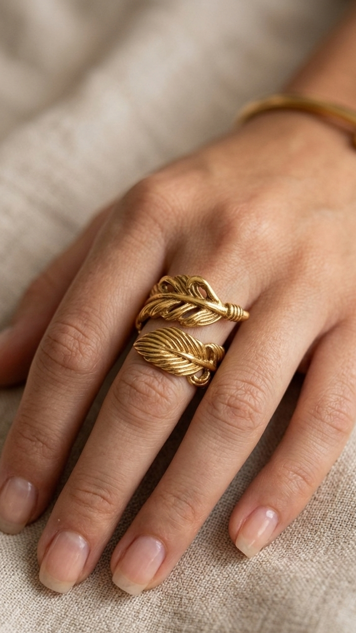Boho Feather Gold Ring Vintage Adjustable Wrap Rings