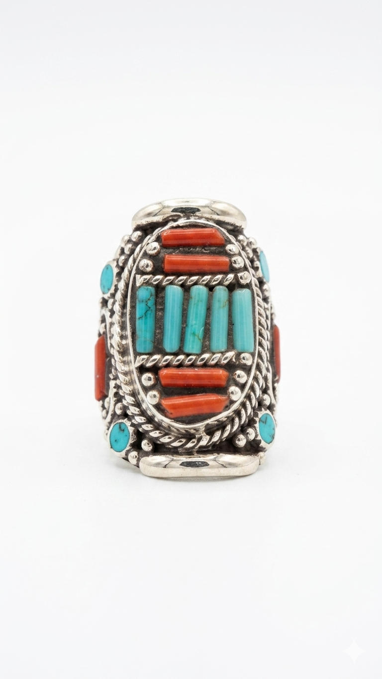 Coral & Turquoise Inlay Statement Ring | Tibetan Tribal Ring