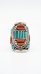 Coral & Turquoise Inlay Statement Ring | Tibetan Tribal Ring