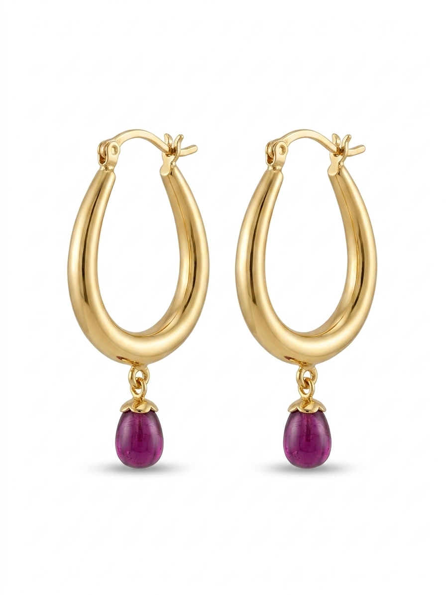 Gold Ruby Drop Hoop Earrings