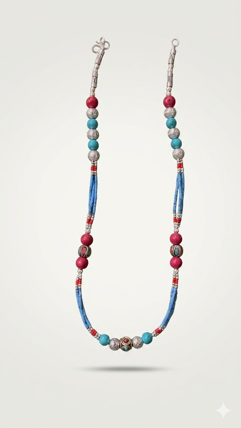 Handcrafted Tibetan Turquoise & Coral Beaded Statement Necklace