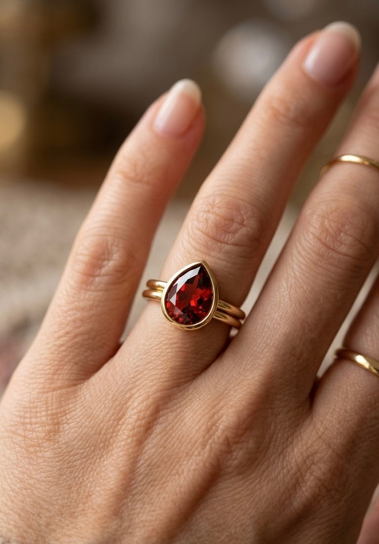 Garnet Pear Gold Ring, Pear Cut Garnet Bezel Ring