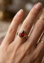 Garnet Pear Gold Ring, Pear Cut Garnet Bezel Ring