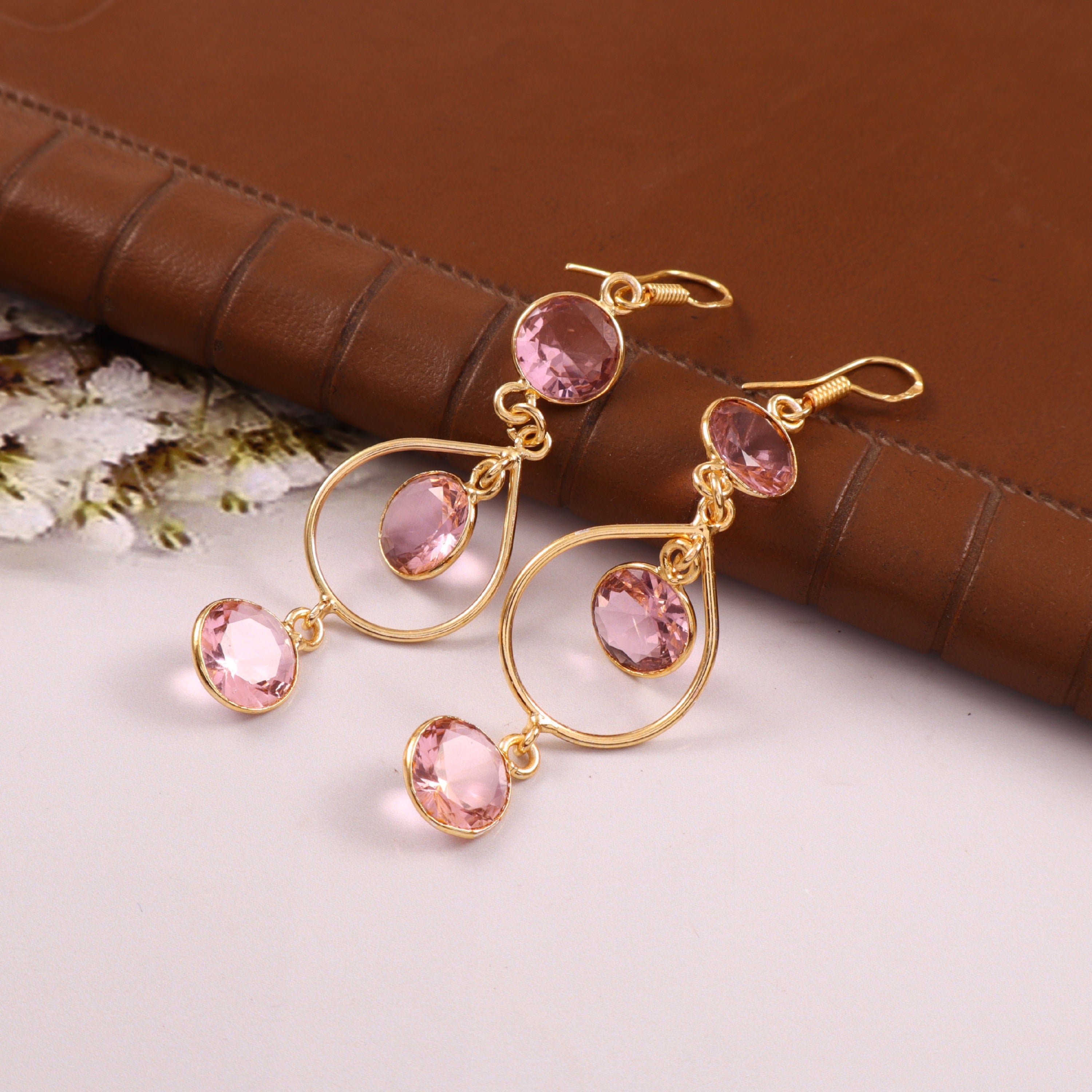 Gold Pink Crystal Teardrop Dangle Earrings
