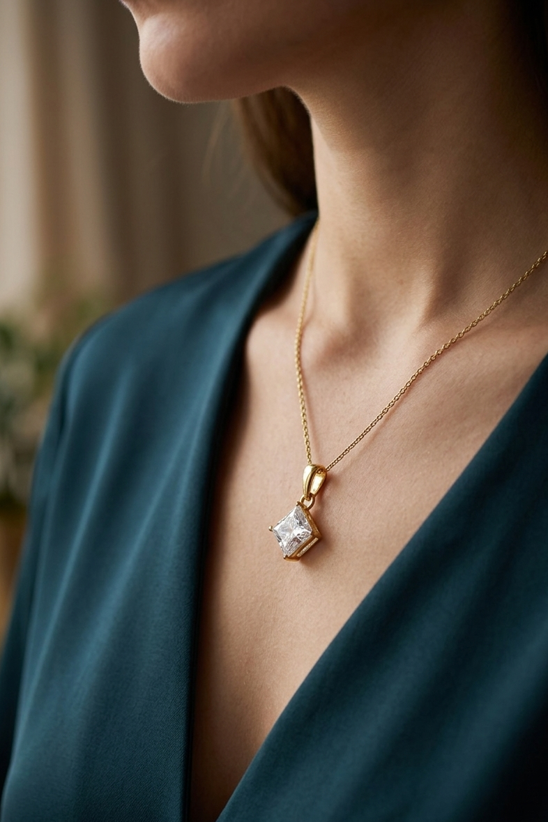 Gold Emerald Cut Diamond Pendant Necklace