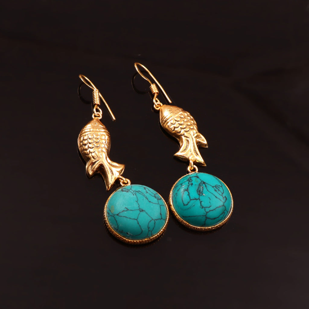 Gold Fish Drop Earrings with Turquoise Stone
