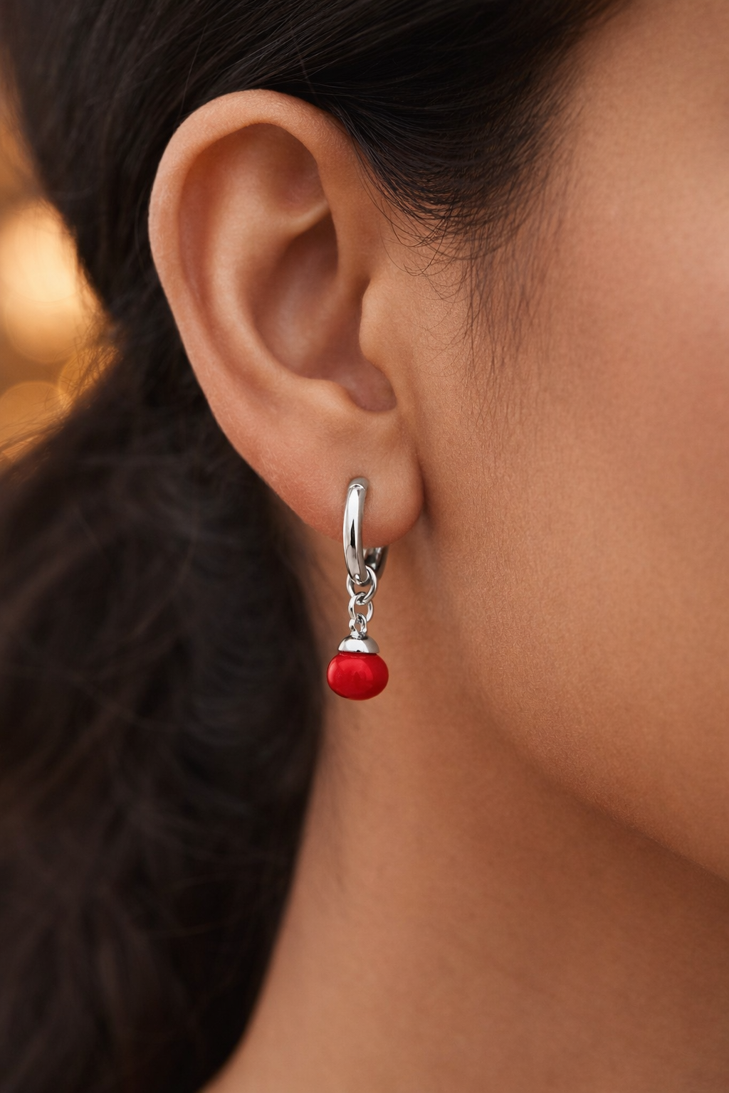 Minimalist Red Drop Earrings Silver Hoop