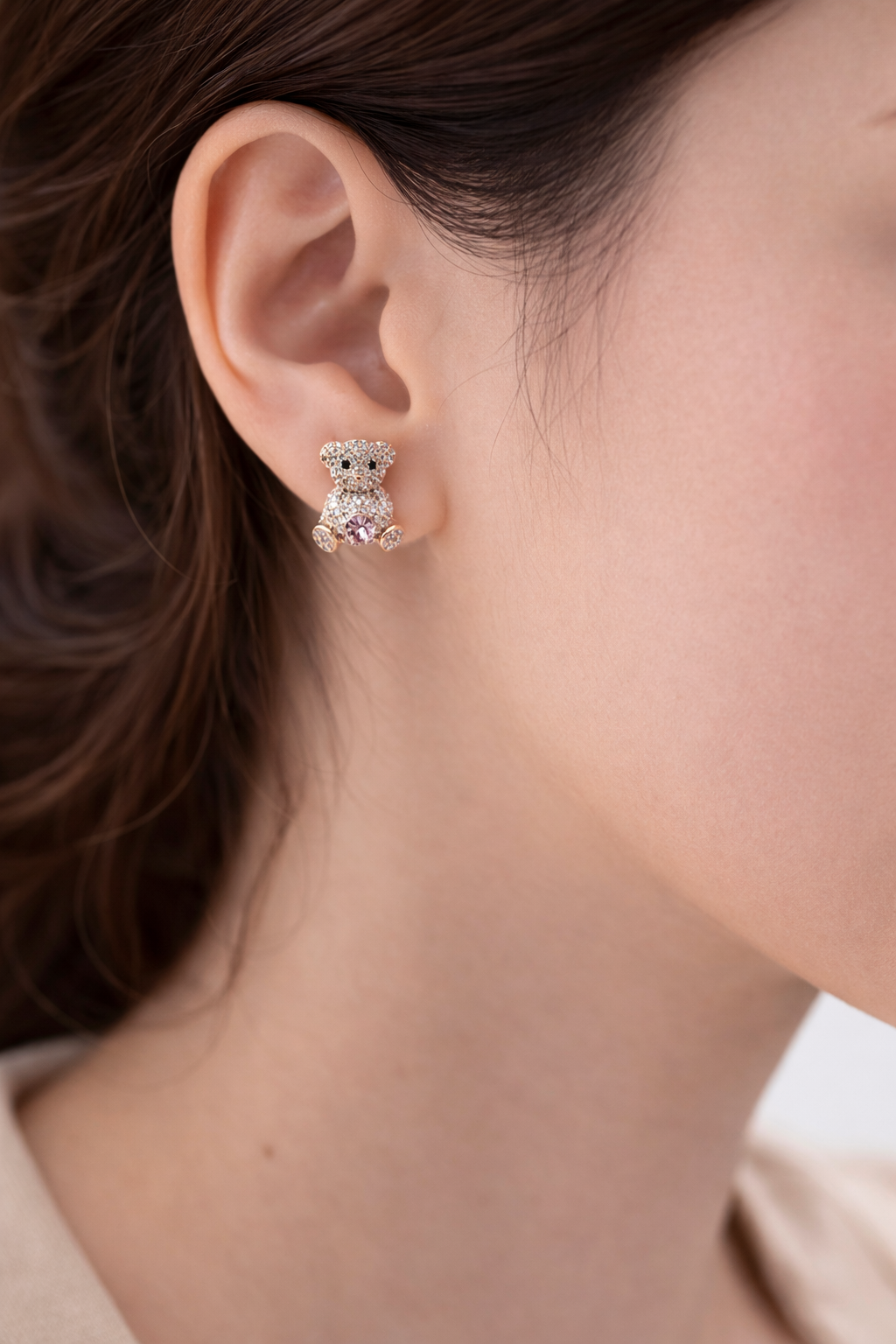 Cute Teddy Bear Earrings Crystal Stud Gold Tone