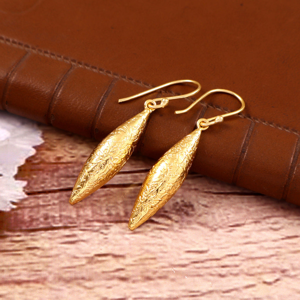 Gold Textured Leaf Drop Earrings
