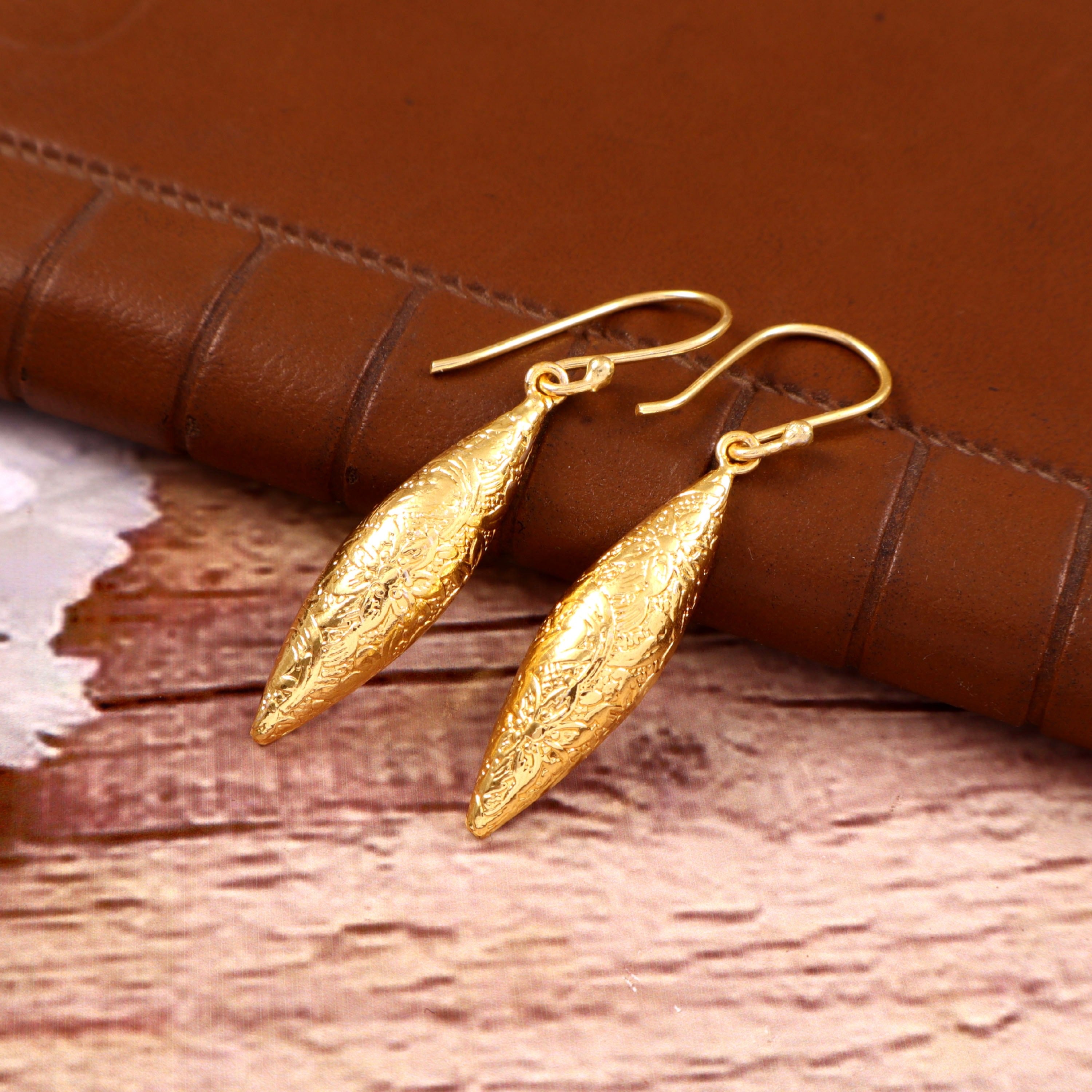 Gold Textured Leaf Drop Earrings