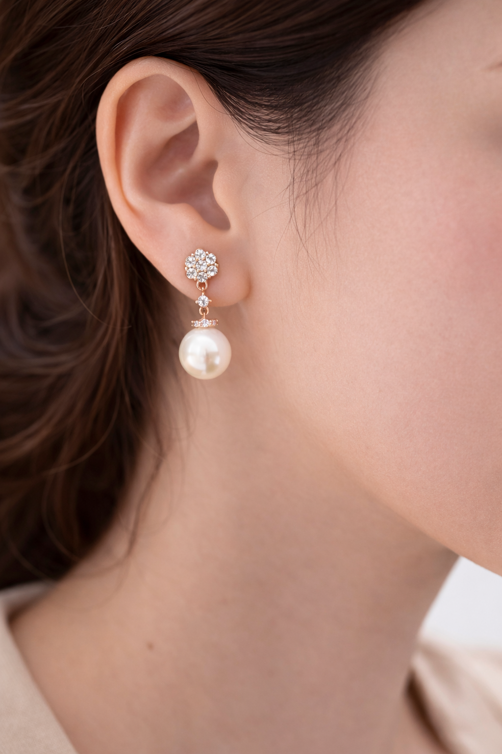 Bridal Pearl Dangle Earrings Floral CZ Studs
