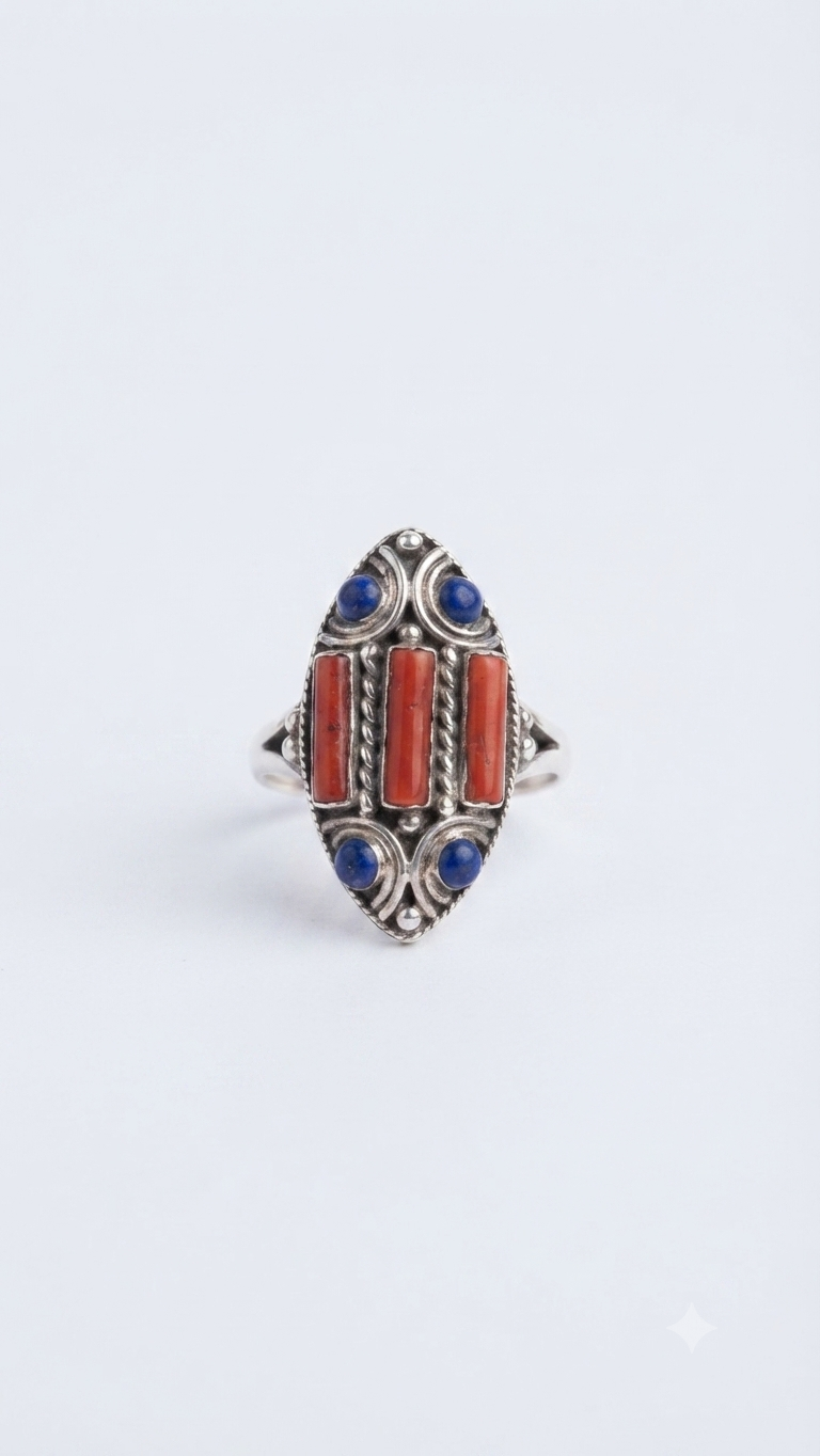 Vintage Tibetan Nepali Coral & Lapis Lazuli Ring
