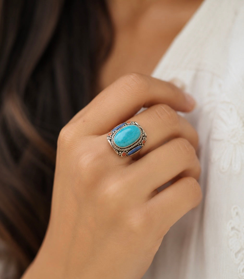 Vintage Turquoise Statement Ring, Handmade Tribal Silver Ring
