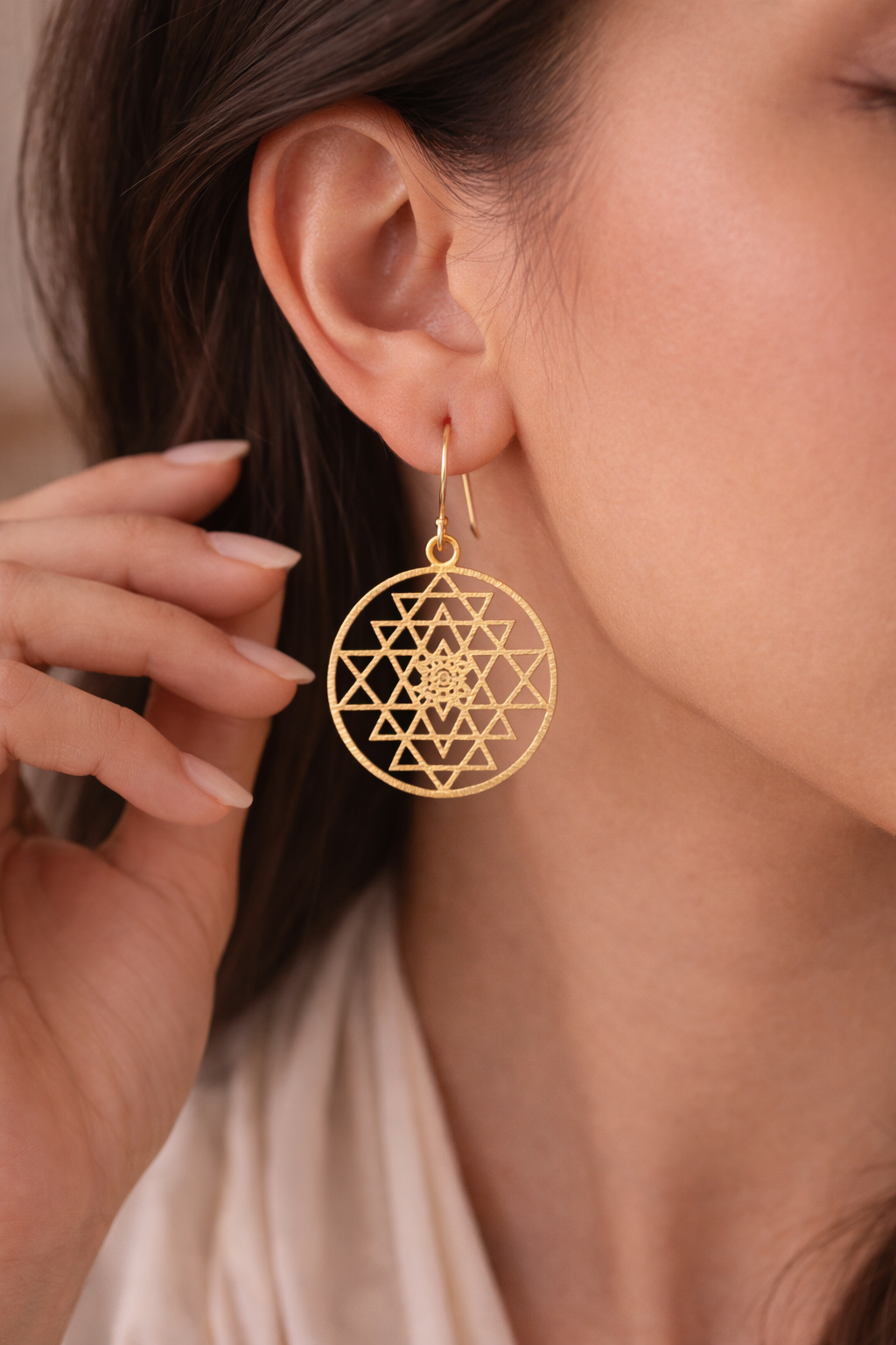 Gold Sri Yantra Mandala Drop Earrings