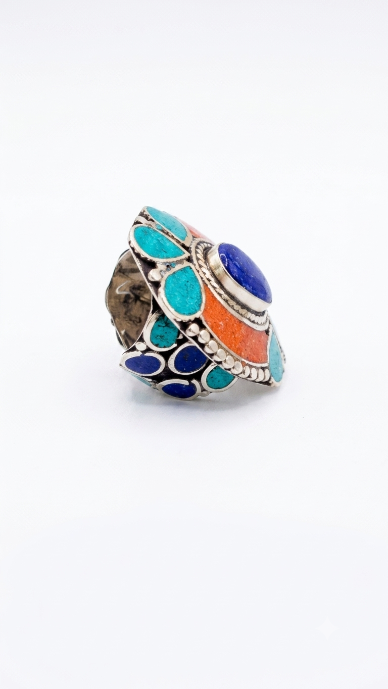 Vintage Tibetan Turquoise Coral & Lapis Statement Ring | Handmade Tribal Silver Ring
