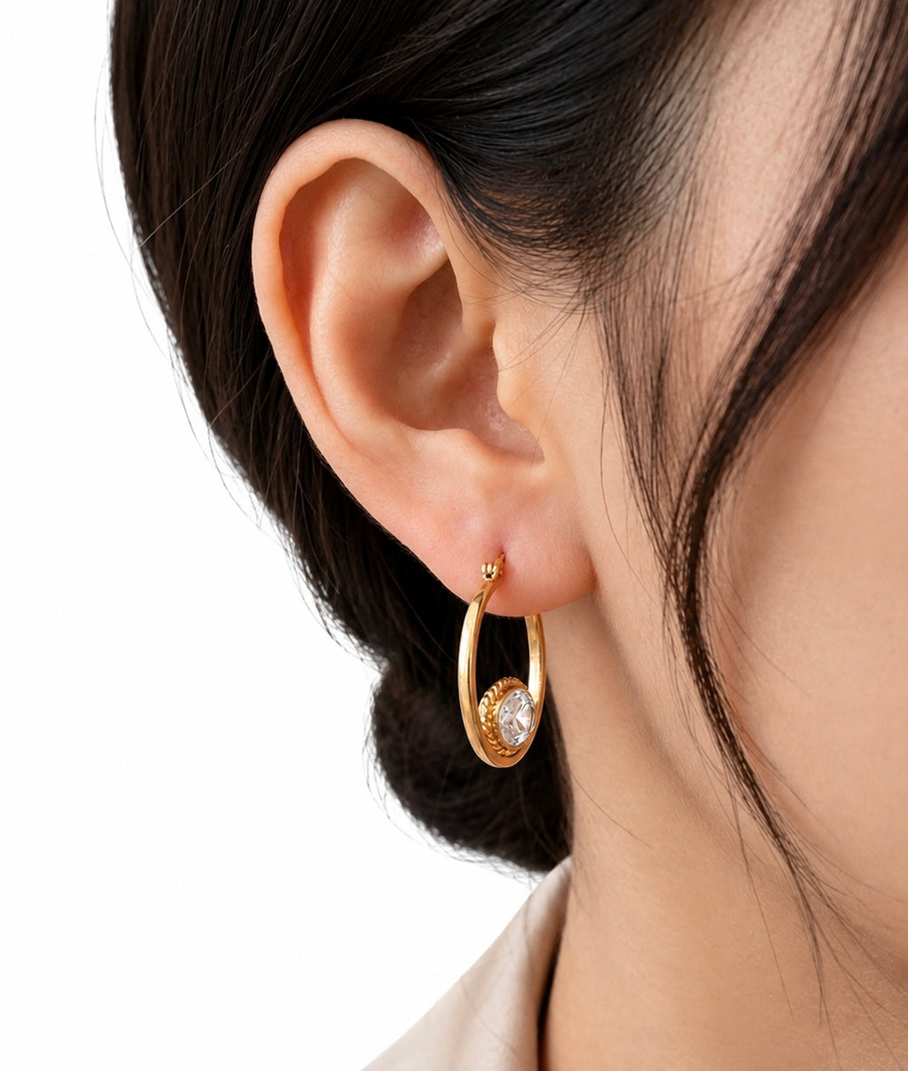Gold Hoop Earrings with Clear Crystal Accent