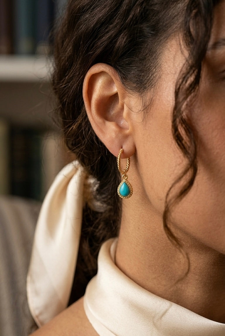 Turquoise Teardrop Gold Hoop Earrings