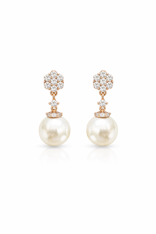Bridal Pearl Dangle Earrings Floral CZ Studs