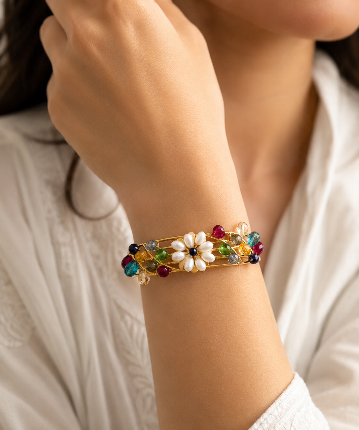 Colorful Floral Pearl Bracelet