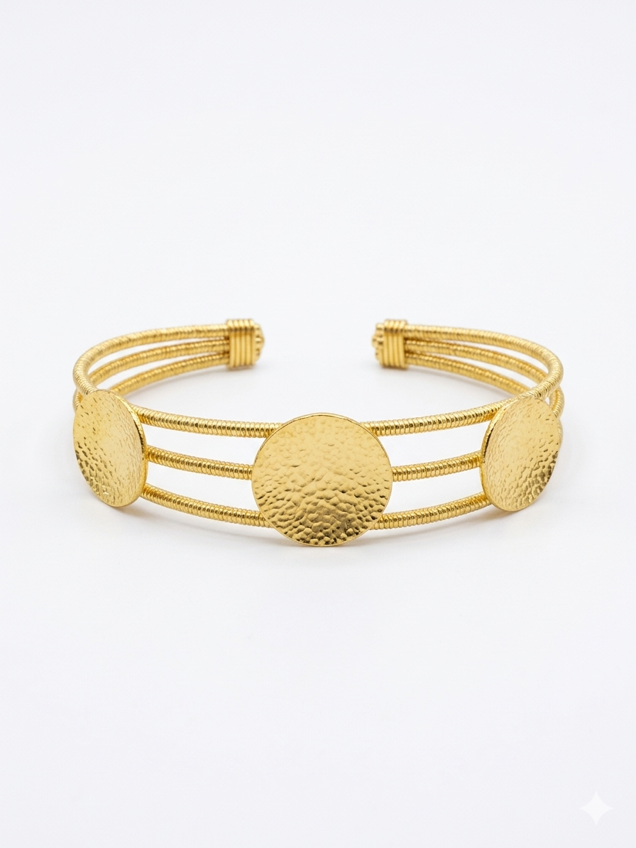 Hammered Gold Disc Triple Band Cuff Bracelet