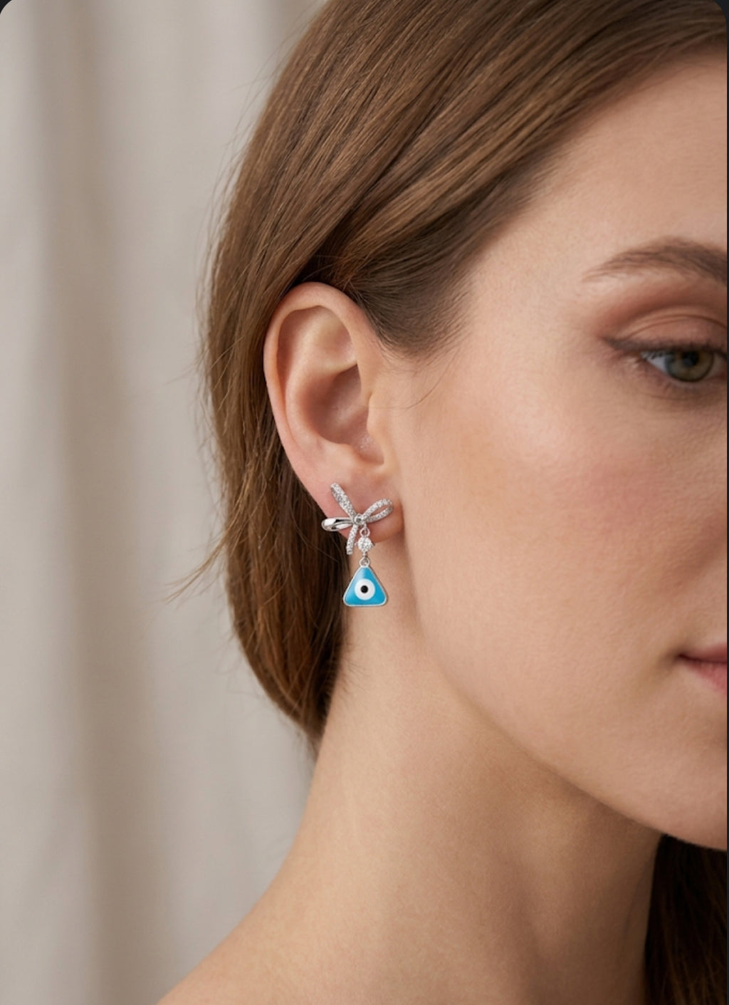 Evil Eye Bow Earrings, Blue Triangle Drop Earrings