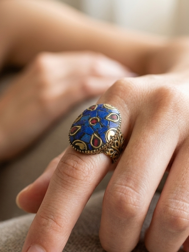 Lapis Lazuli Mosaic Statement Ring | Oval Boho Cocktail Ring