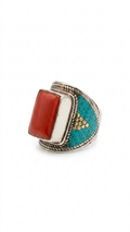 Red Coral & Turquoise Statement Ring | Tibetan Tribal Ring