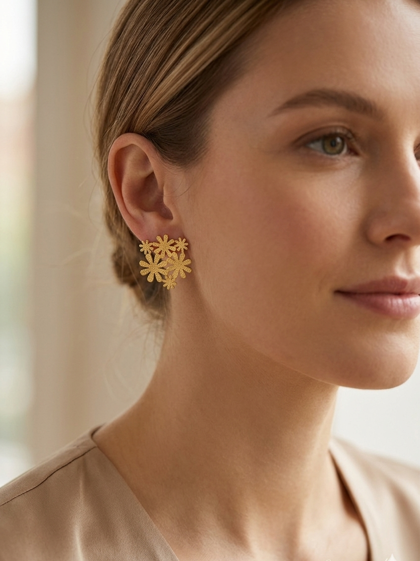 Golden Floral Cluster Statement Earrings