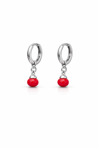 Minimalist Red Drop Earrings Silver Hoop