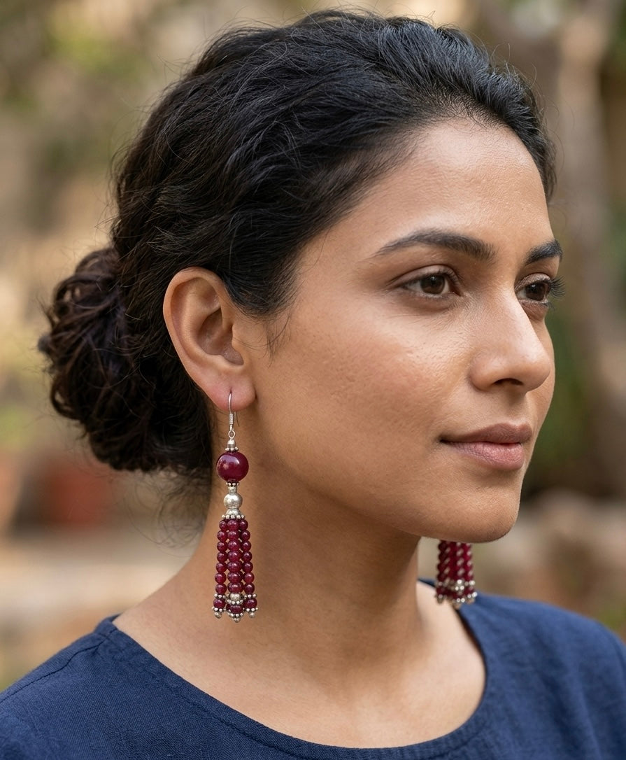 Handmade Burgundy Beaded Tassel Earrings