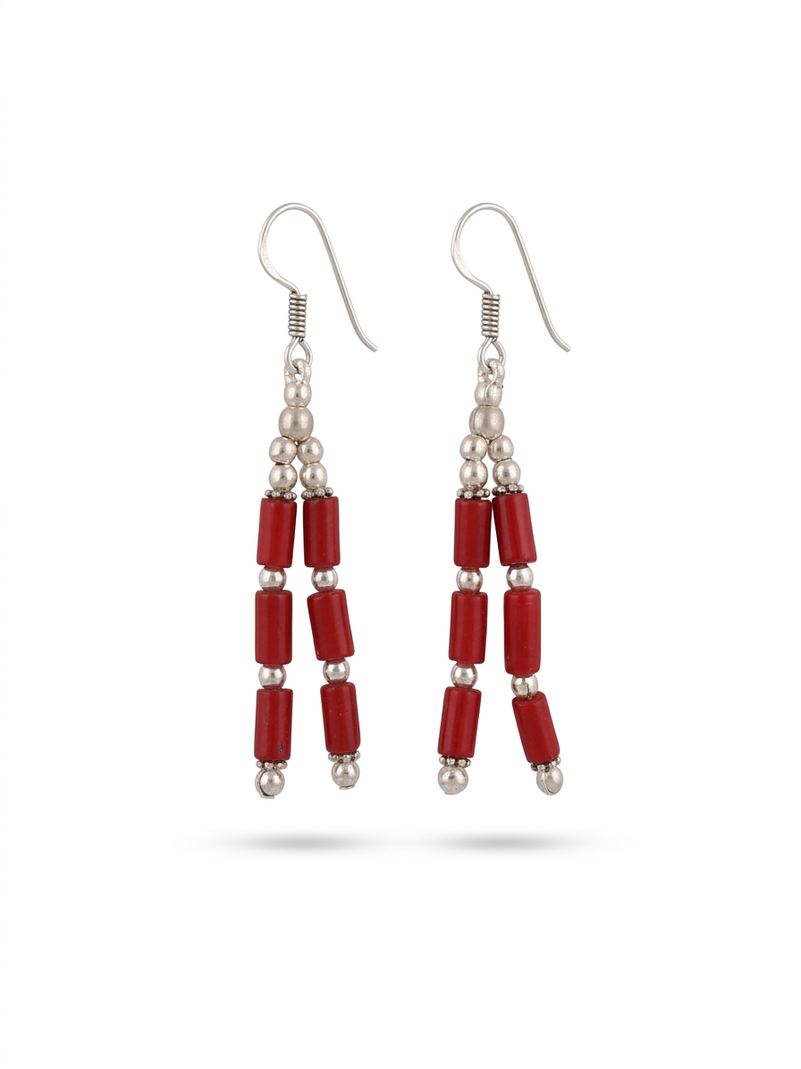 Handmade Red Coral Bead Dangle Earrings