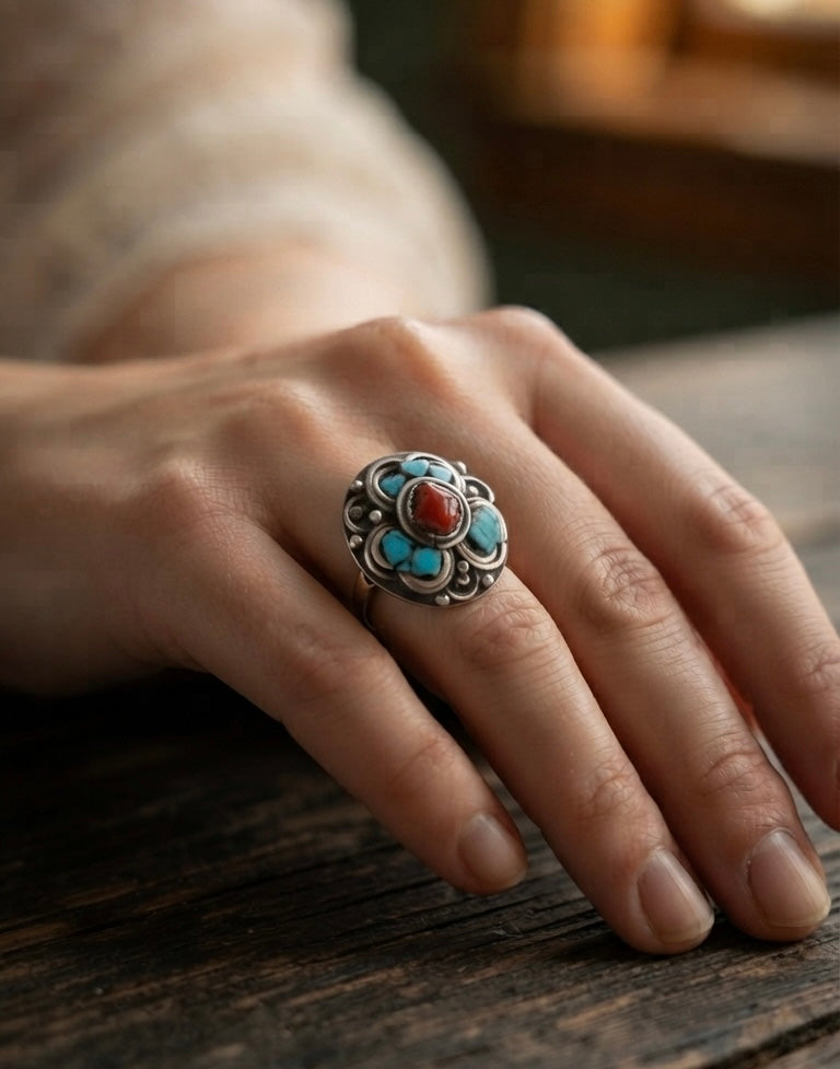 Vintage Tibetan Nepali Turquoise & Coral Ring