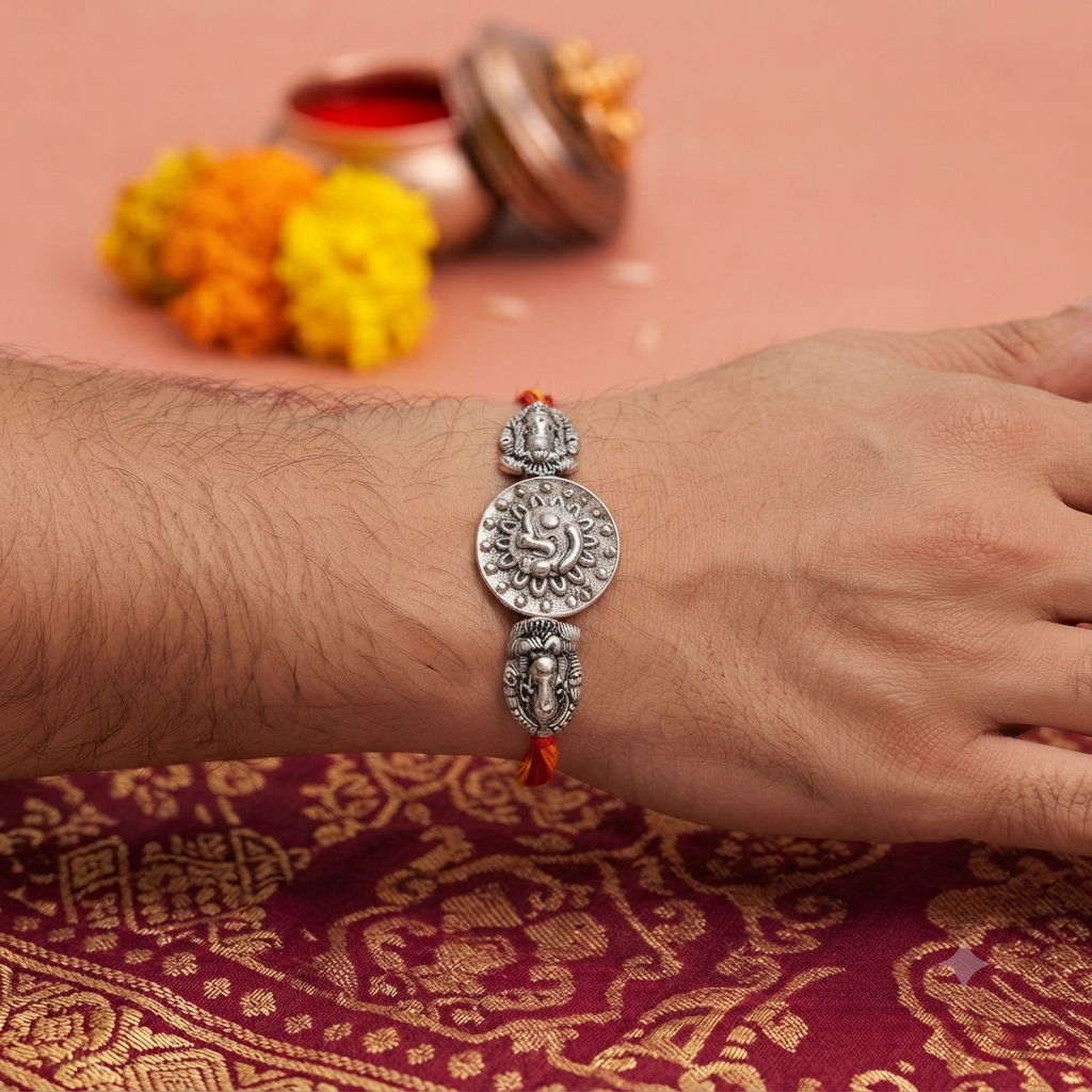 Silver Plated Ganesh & Lakshmi Rakhi for Brother | Premium Designer Rakhi